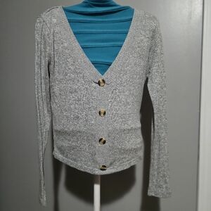 Poof apparel Grey Cardigan, With Faux buttons Size Medium